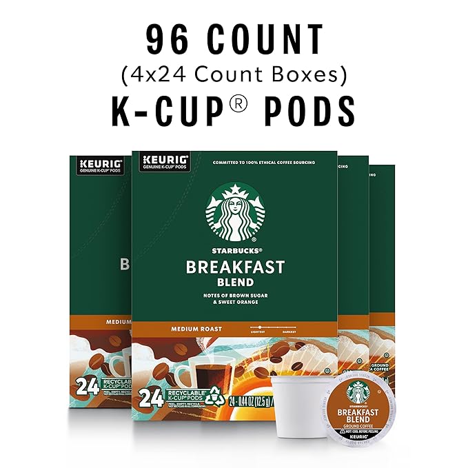 Starbucks K-Cup Coffee Pods Medium Roast Hot or Iced Coffee Breakfast Blend 96 Keurig Pods