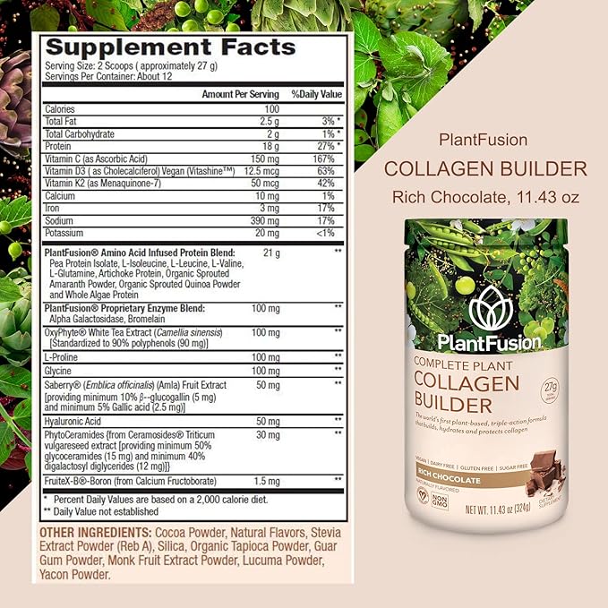 PlantFusion Vegan Collagen Powder - Plant Based Collagen Protein Powder For Muscle &amp Joints Hair Skin &amp Nails - Keto Gluten Free Soy Free Non-Dairy No Sugar Non-GMO - Chocolate 11.43 oz