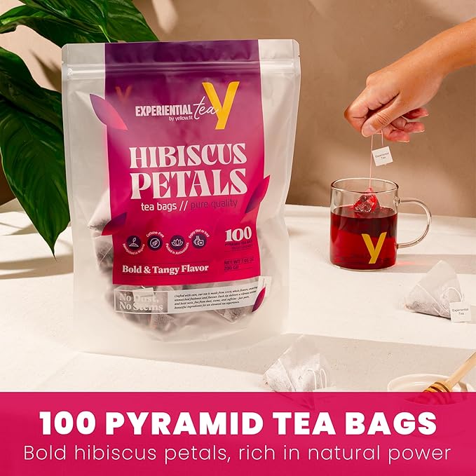 Yellow.fit Hibiscus Tea Bags – 1500mg Loose Leaf Tea Bags Caffeine-Free Herbal Tea Made from Dried Hibiscus Flowers Herbal Tea Bags 100 Count