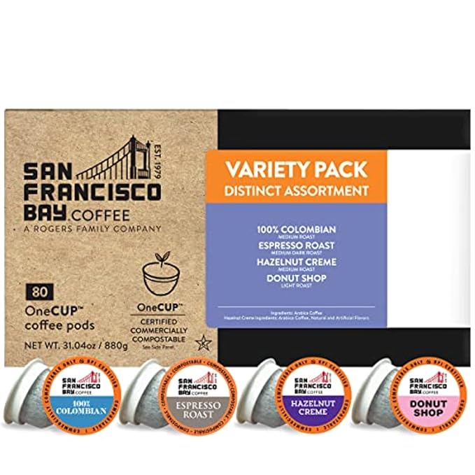 San Francisco Bay Compostable Coffee Pods - Assorted Variety Pack (80 Ct) K Cup Compatible including Keurig 2.0 Donut Shop Colombian Hazelnut Espresso