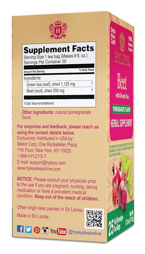 Hyleys Beet &amp Green Tea with Natural Pomegranate Flavor - Herbal Energy Tea - Supports Focus - 25 Tea Bags - (6 Pack - 150 Tea Bags Total)