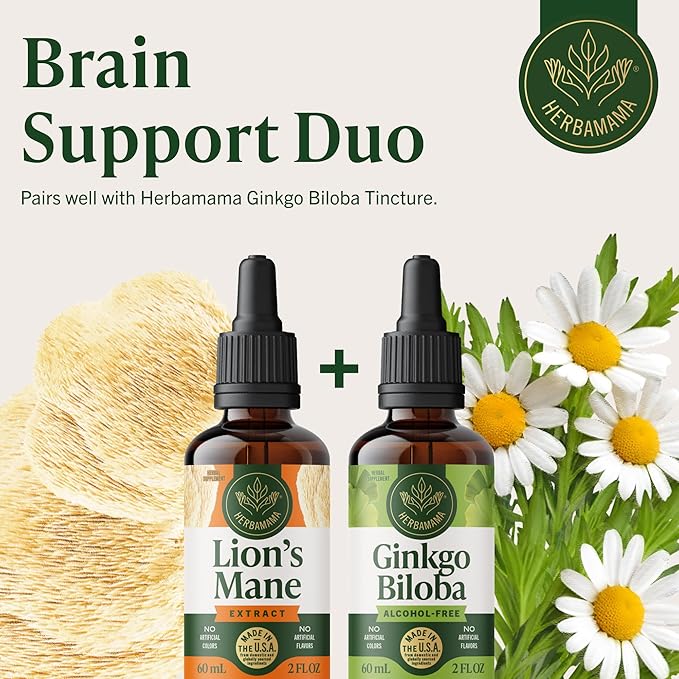 HERBAMAMA Lions Mane Tincture - Vegan Focus &amp Nerve Support with Lion's Mane Mushroom Extract - Hericium Erinaceus Brain Support Supplement - Non-GMO Alcohol &amp Sugar-Free - 42-Day Supply