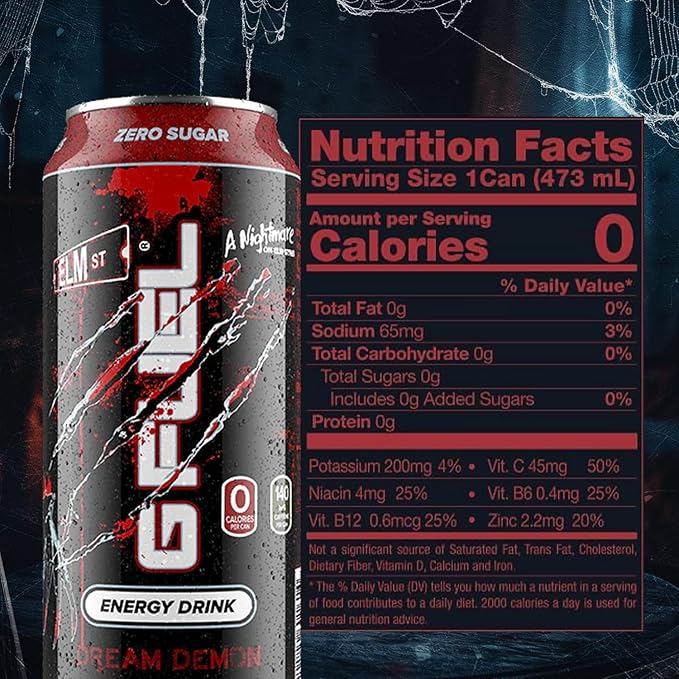 G Fuel Energy Drink Fruit Punch Sugar Free Beverage with 140mg Caffeine Daily Energy Boost with Focus Amino Vitamin + Antioxidants 16 oz Cans (Nightmare on Elm Street 12-Pack)