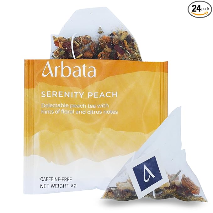 Arbata Serenity Peach Tea 24 Pyramid Tea Bags – Artisanal Decaf Herbal Tea with Peach Apple Chamomile &amp Lemon Verbena Caffeine-Free Herbal Tea Sachets