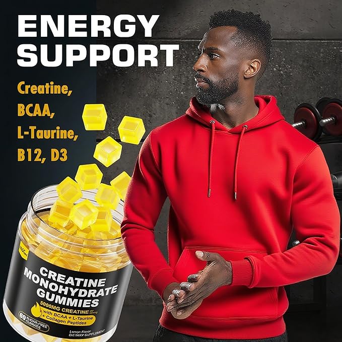 Creatine Monohydrate Gummies for Men &amp Women - with BCAA Collagen Peptides L-Taurine Vitamin B12 D3 Creatine Monohydrate 5000mg (5g) Per Serving Lemon Flavor Sugar Free 1 Pack