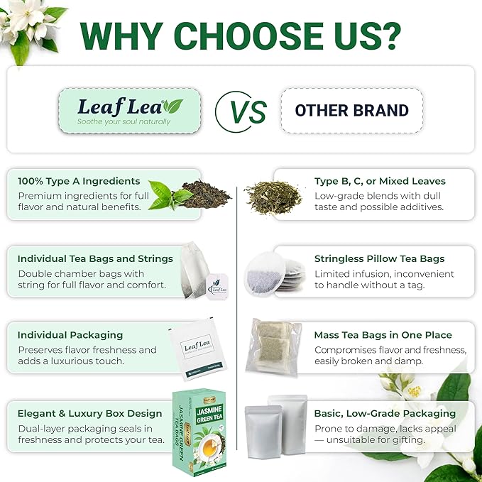 LeafLea 80 Jasmine Green Tea Bags Green Tea with Natural Jasmine Aroma Light Focus &amp Daily Balance Delicate Floral and Smooth Taste Caffeinated Sugar-Free Non-GMO Vegan Individually Wrappe