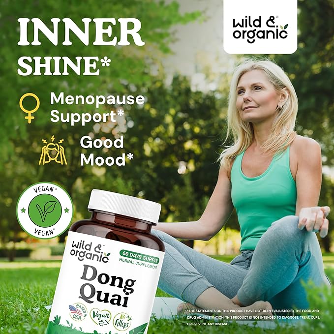 Wild &amp Organic Dong Quai Capsules 1000 mg - Menopause Supplements for Women - Dong Quai Supplement for Women - Angelica Root Herb - 60-Day Supply - Non-GMO Vegan Gluten-Free - 120 Count