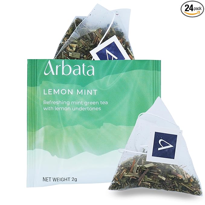 Arbata Lemon Mint Tea 24 Pyramid Tea Bags Artisanal Lightly Caffeinated Green Tea Spearmint &amp Lemon Herbal Green Tea Gift Set (Lemon Mint)