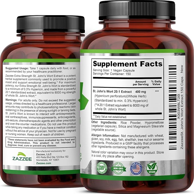 Zazzee Extra Strength St. John’s Wort 20:1 Extract 0.3% Hypericin 150 Vegan Capsules 5 Month Supply Hypericum Perforatum Mood &amp Emotional Wellness Support Herbal Supplement Non-GMO Made in