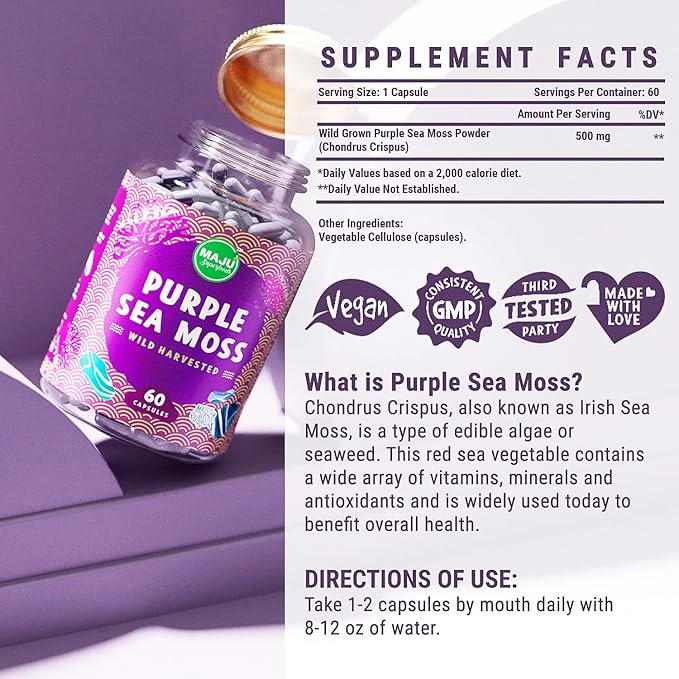 MAJU's Powerful Purple Sea Moss Capsules (60 ct) Extra-Strength Purple Minerals Chondrus Crispus Stronger Than Gel Compare to Organic Irish Seamoss Capsule Wild Harvested Powder Pills