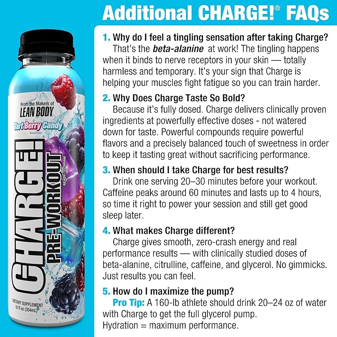 LABRADA Charge Pre Workout Tart Berry Candy RTD Drink – Pump Energy Endurance Formula with 10g Glycerol 6g L-Citrulline Malate 4g Beta Alanine 300mg Caffeine + Complete Hydration Support 12 Ser