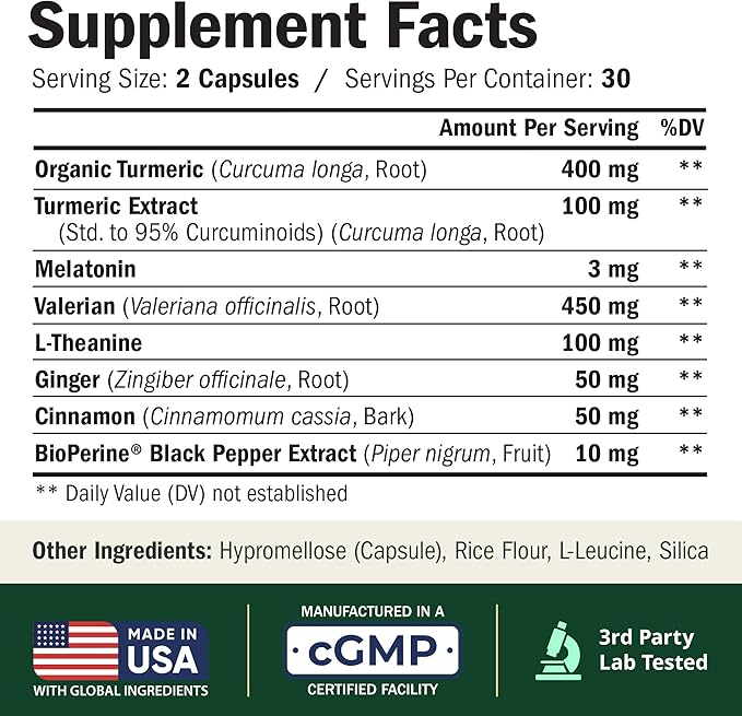 Melatonin 3mg Sleep Aid with L-Theanine &amp Valerian Root – Turmeric Curcumin Supplement with Ginger &amp Black Pepper – Organic Turmeric Supplement for Sleep Calm and Stress Relief Support – 60 C