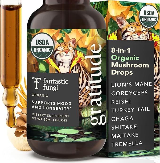 Fantastic Fungi Mushroom Extract - 8-in-1 Organic Complex Mushroom Supplement with Cordyceps Reishi Lion’s Mane Chaga Turkey Tail Shiitake Maitake &amp Tremella - Adaptogen Liquid Tincture 1 f