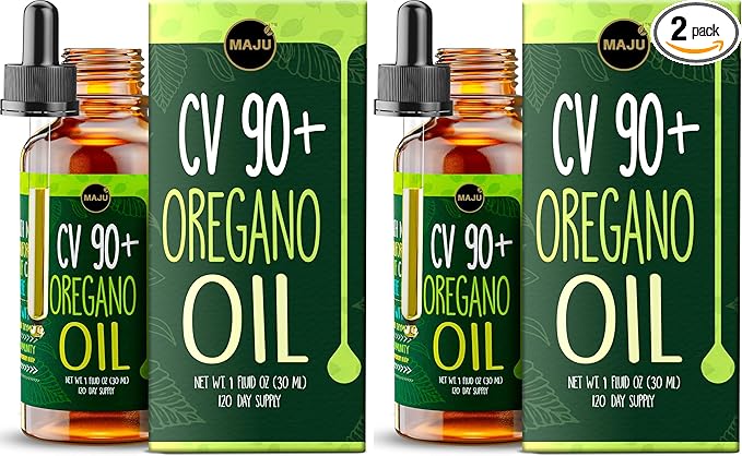 Maju Superfoods Oregano Oil Drops Potent 90%+ Carvacrol (1 fl Oz) Wild Mediterranean Essential Oil of Oregano Liquid Aceite de Oregano Immune and Seasonal Support (Pack of 2)