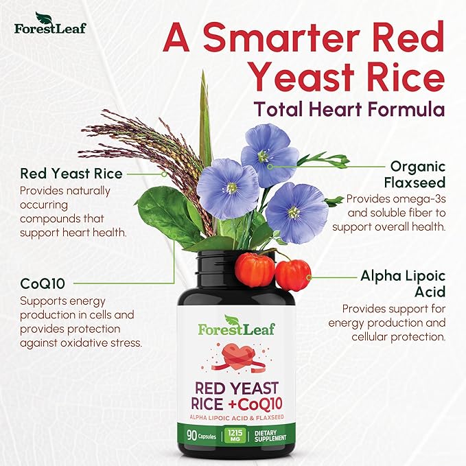 Red Yeast Rice 1215 mg. Capsules - Extra Strength Red Rice Yeast with CoQ10 Supplement Plus Alpha Lipoic Acid &amp Organic Flaxseed Citrinin Free Supports Cardiovascular Health Non-GMO 90 Veggie