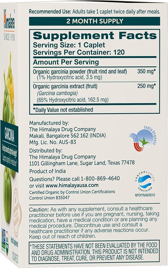 Himalaya Organic Garcinia Cambogia Herbal Supplement Appetite Support Lipid Metabolism Weight Support USDA Organic Non-GMO Vegan 600 mg 120 Plant-Based Caplets