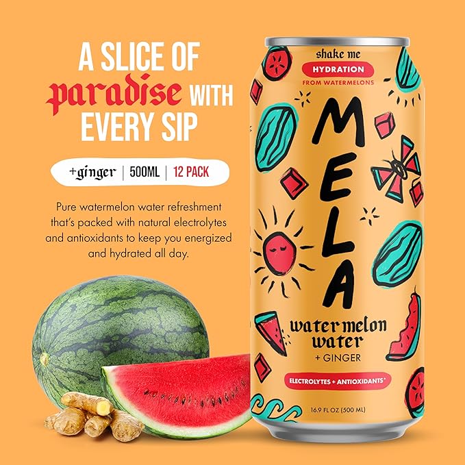 Mela Watermelon Water - Watermelon Juice 100 Percent Natural Fruit Juice with Vitamin C Electrolytes Antioxidants - Coconut Water Alternative Gluten-Free (Ginger 16.9 fl oz 12-pack)