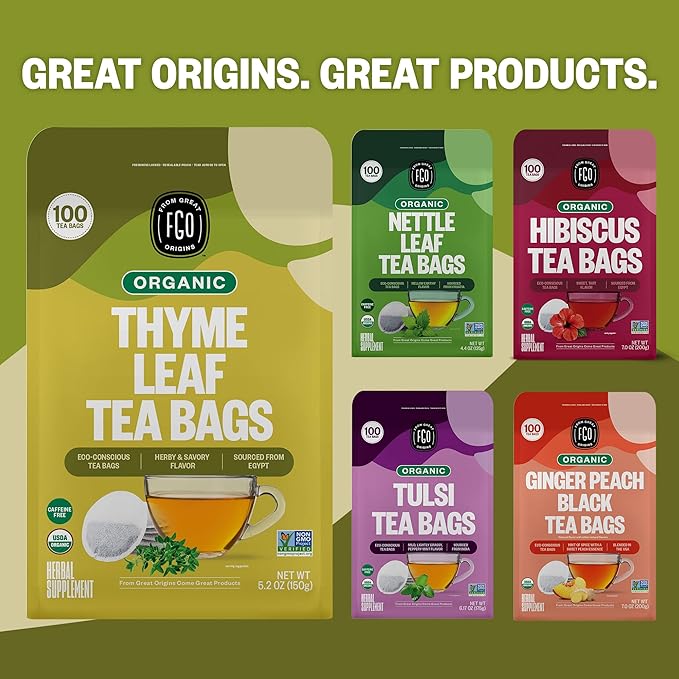 FGO Organic Thyme Leaf Tea 100 Count Eco-Conscious Tea Bags Caffeine Free Resealable Bag Packaging May Vary (Pack of 1)