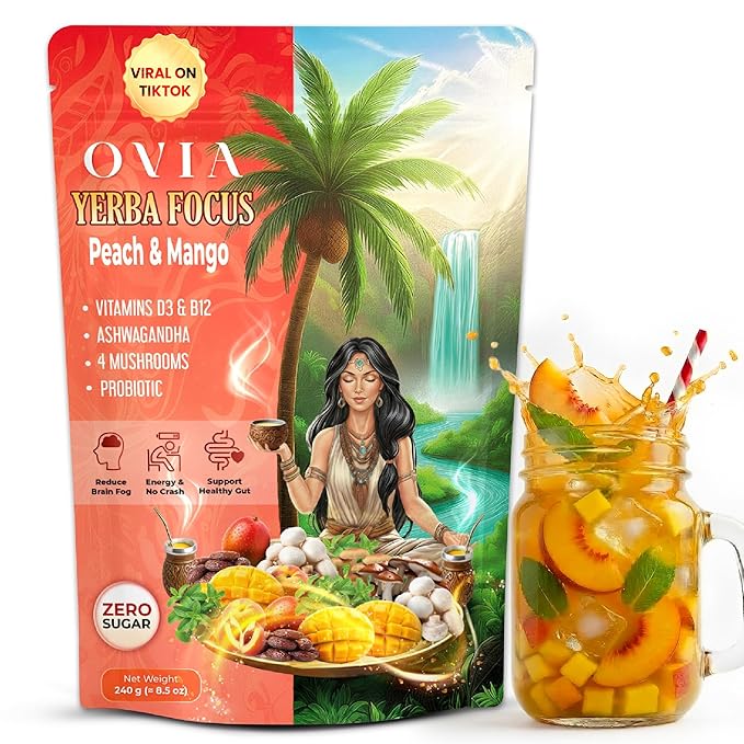 OVIA Yerba Mate Tea Instant Powder for Weight Loss with Vitamin D3 &amp B12 and Lion’s Mane – Prebiotics &amp Probiotics for Clean Energy Focus &amp Digestive Support | Zero Sugar - Peach Mango - 3