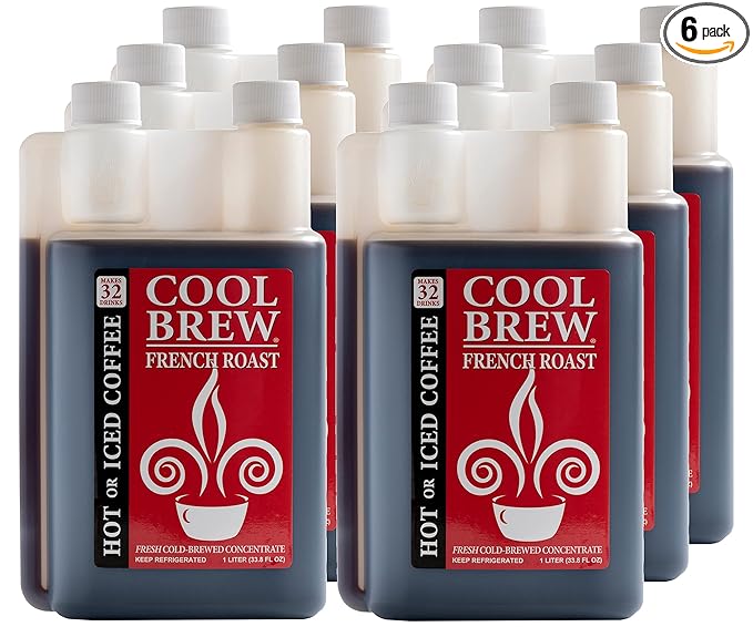 CoolBrew French Roast 6 Pack - 32 DRINKS PER BOTTLE - Fresh Cold Brew Liquid Concentrate - For Iced or Hot Coffee Unsweetened No Preservatives