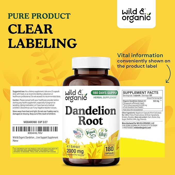 Wild &amp Organic Dandelion Root Capsules - Liver Supplement - 2000 mg of Fresh Dandelion Root Powder per Capsule - 180 Vegan Capsules - 6 Month Supply - No Fillers Non-GMO