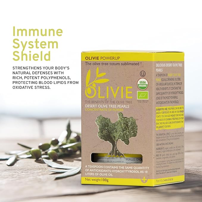 Organic Olive Leaf Extract Capsules PowerUp Pearls by OLIVIE Hydroxytyrosol Supplement Antioxidant Polyphenols Immune &amp Brain Support 100g