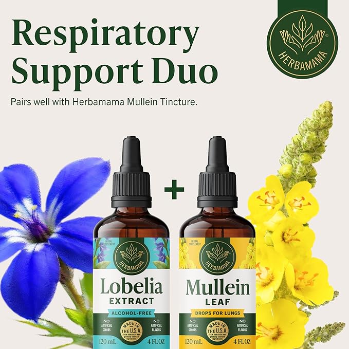 HERBAMAMA Lobelia Tincture - Vegan Lobelia Leaf Extract for Lung Cleanse &amp Detox - Respiratory Lung Support Drops - Non-GMO Alcohol &amp Sugar-Free Respiratory Support Supplement