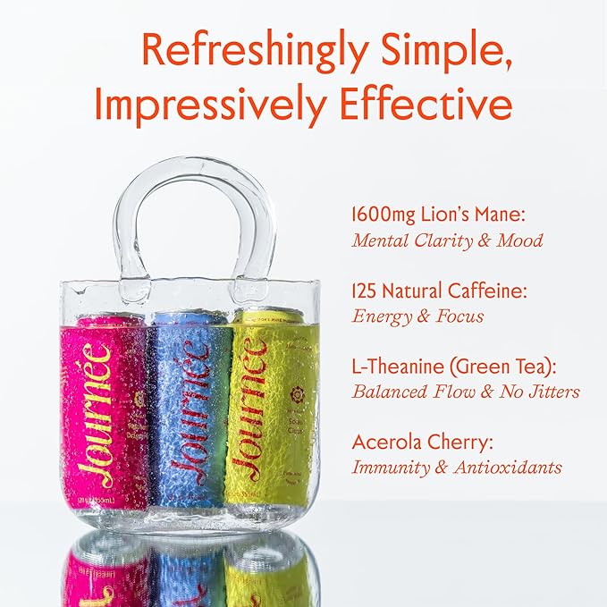 Journée Wellness Energy Drink Natural Caffeine Lion’s Mane L-Theanine 125 mg Caffeine Real Fruit Juice All Natural 0 Added Sugar Cognition Immunity - Variety Pack - Pack of 6