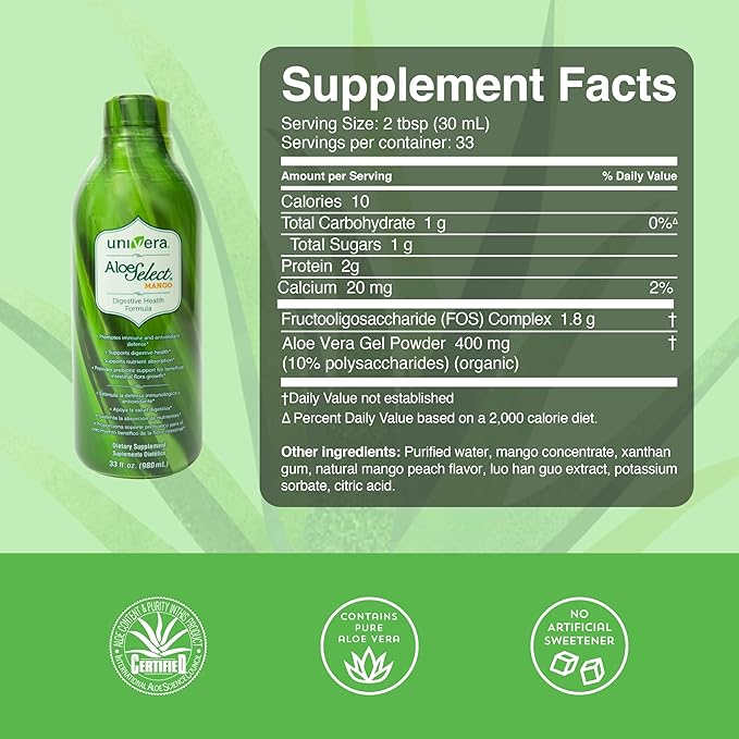 Univera Aloe Vera Juice Preminum Organic Aloe Vera Digestive Enzymes for Gut Health Immune Support Prebiotic Supplement Reduces Inflammation Mango Flavor 30 Day Supply (33 fl oz)