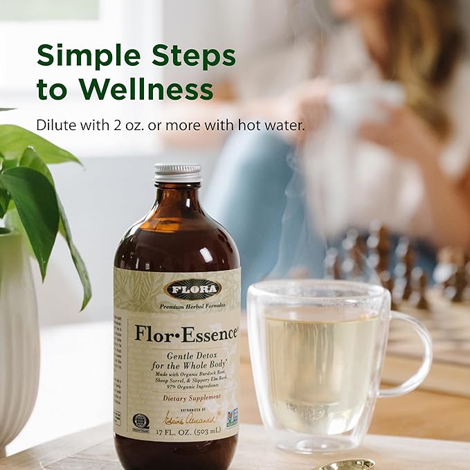 Flora Flor Essence Liquid Tea Blend 32oz LARGE - Gentle Detox Cleanse with Burdock Root Slippery Elm Kelp Thistle - Premium Organic Ingredients