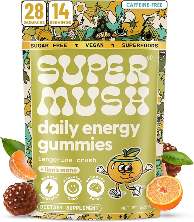 SuperMush Energy Mushroom Gummies - Organic Lions Mane Supplement with Cordyceps Rhodiola L-Theanine Maca - Vegan &amp Sugar-Free - Energy Focus Stamina Stress Reduction - 28 Gummies (14 Servin