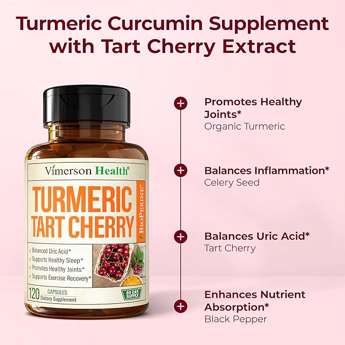 Turmeric Curcumin Supplement with 10:1 Tart Cherry Extract &amp Celery Seed Extract – Natural Uric Acid Balance Joint Health &amp Sleep Aid – Turmeric Curcumin with Black Pepper – 120 Tart Cherry C
