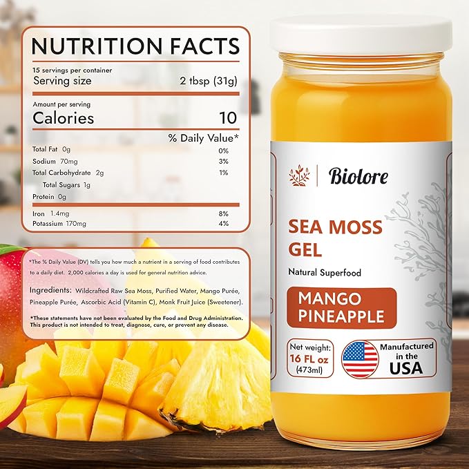 Biolore Wildcrafted Sea Moss Gel - Mango Pineapple 16 oz - Flavored Sea Moss Gel with Essential Vitamins &amp Trace Minerals - Vegan Superfood - Made in USA Gluten-Free No Added Sugar