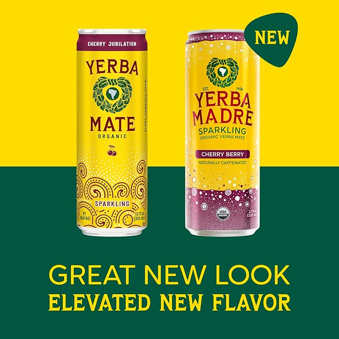 Yerba Madre Organic Sparkling Yerba Mate Cherry Berry 115mg Natural Plant Based Caffeine Smooth Energy &amp Focus Carbonated 12oz Cans (Pack of 12)