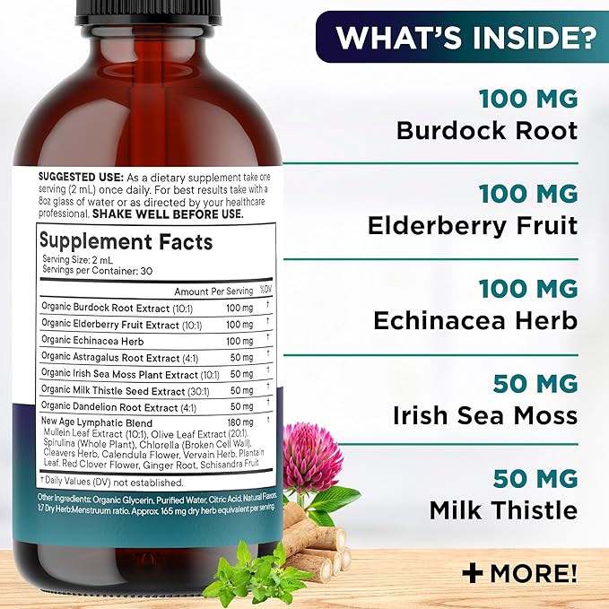 Organic Lymphatic Drainage Drops - All in 1 Organic Lymphatic Drainage Supplement with Burdock Root Echinacea Elderberry Calendula Cleavers Herb Dandelion Supports Lymphatic Health - 8 OZ