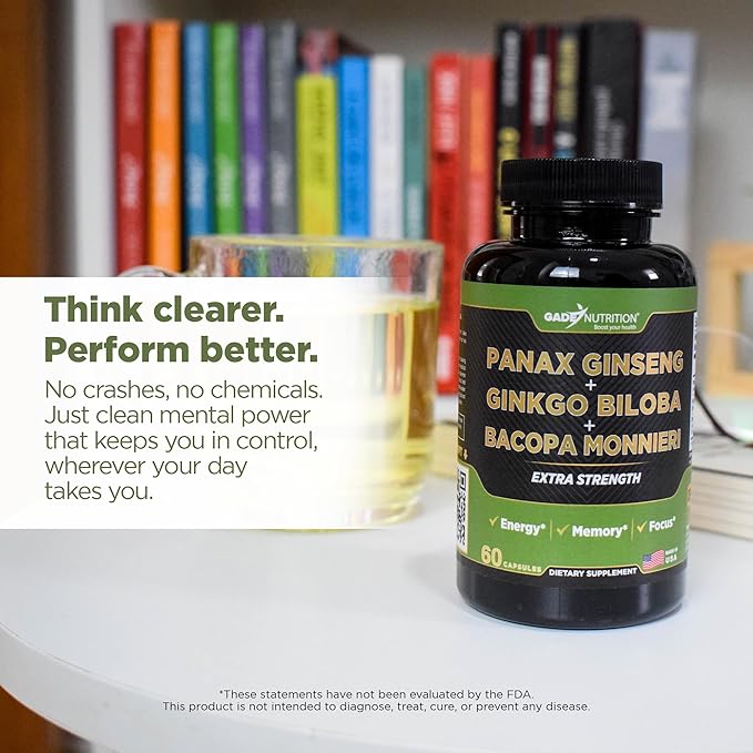 Gade Nutrition Ginkgo Biloba with Ginseng Supplement and Bacopa Monnieri | Brain Supplements for Memory and Focus with panax Ginseng &amp Ginko biloba Capsules - Memory Supplement for Brain