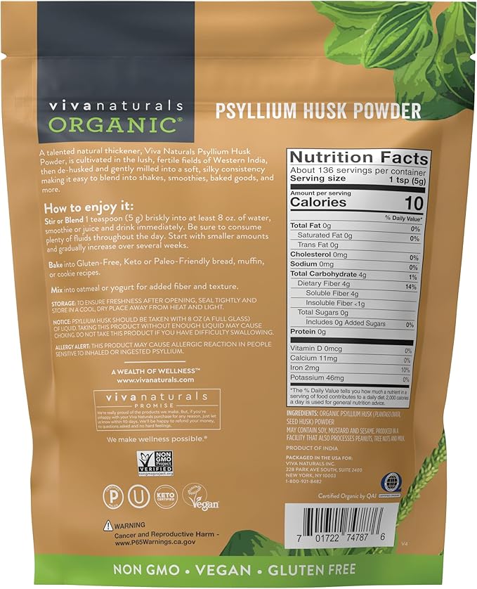 Viva Naturals Organic Psyllium Husk Powder 24 oz – Finely Ground Unflavored Vegan Keto Paleo Non-GMO Plant-Based Superfood Good Source of Fiber for Gluten-Free Baking Juices &amp Smoothies