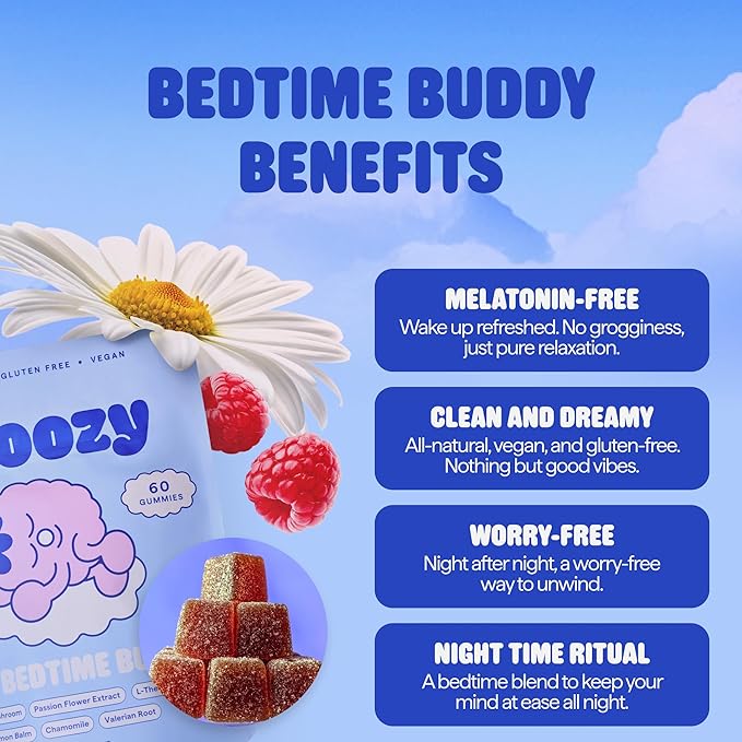 Snoozy Bedtime Buddy Reishi Mushroom Sleep Gummies | Chamomile Valerian Root Lemon Balm Extract | Natural Sleep Aid Melatonin Free | Raspberry Flavored 60 Gummies 1 Pack