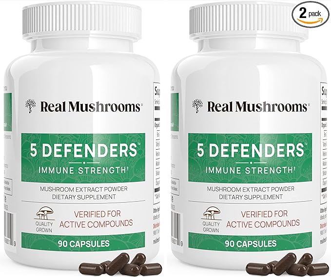Real Mushrooms 5 Defenders - Adaptogenic Mushrooms Complex with Chaga Reishi Turkey Tail Maitake &amp Shiitake for Wellness Support - Mushroom Beta Glucan Capsules - 90 Count (Pack of 2)