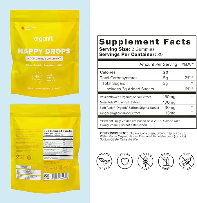 Organifi Happy Drops - Daily Superfood Happy Gummies for Adults - Mood Support Supplement for Balance Bliss Energy and Taking the Edge Off - Sweet Lemon Flavor - 60 Gummies