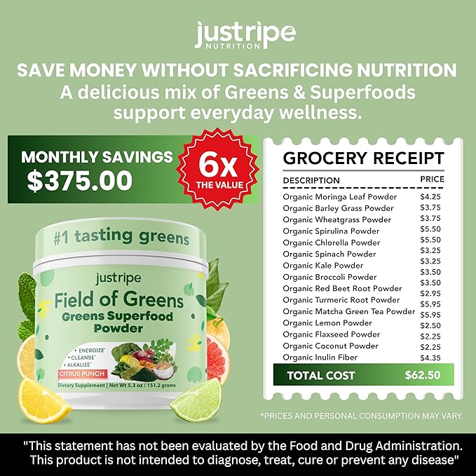 Field of Greens Superfood Powder with Organic Spirulina Chlorella Beet Root Powder - Bacillus Coagulans Probiotic A Plant-Based Mix Supporting Gut Health Immunity Bloom into Health 28 Scoops (1)