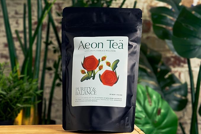 Aeon Teä Purity &amp Balance Organic Herbal Tea Bags (25 Count) - Gentle Detox Blend with Rose Petals and Rose Hips for Digestive Wellness Caffeine-Free Individually Wrapped