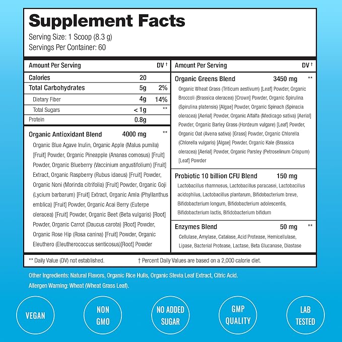 NutraChamps Super Greens Powder Premium Superfood | 20+ Organic Green Veggie Whole Foods | Alfalfa Spirulina Chlorella &amp More | Antioxidant Digestive Enzyme &amp Probiotic Blends | Tropical |