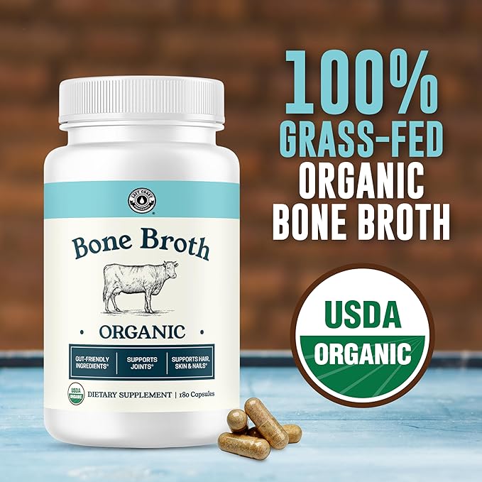 Grass-Fed Bone Broth Capsules with Collagen from Organic Bone Broth Powder. Collagen Supplement for Nails Hair Joints and Digestive Health* Support. Gut Friendly-Ingredients 180 Capsules