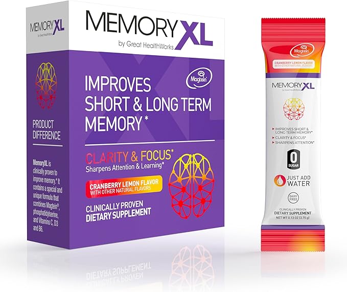 MemoryXL Magnesium L-Threonate: Brain Supplement for Memory &amp Focus Magtein® Phosphatidylserine Vitamin Mix. Improves Memory Focus Attention Learning &amp Logic. 0 Sugar 0 cal 30pk Cranberr