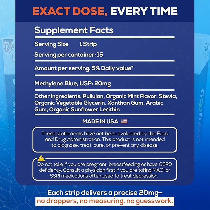 Methylene Blue Supplement for Mental Clarity and Memory – High Purity Pharmaceutical Grade Methylene Blue Strips – Fast-Acting Nootropic Brain Support – Mint Flavor 15 Count (20mg per Strip)