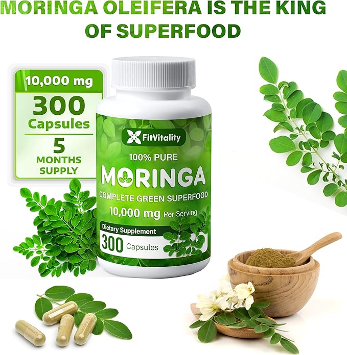 Moringa Capsules| 300 Capsules| Moringa Oleifera| 10000mg| 100% Pure &amp Natural| Non-GMO and Gluten Free Supplement | Complete Green Superfood | Moringa Leaf Extract Powder