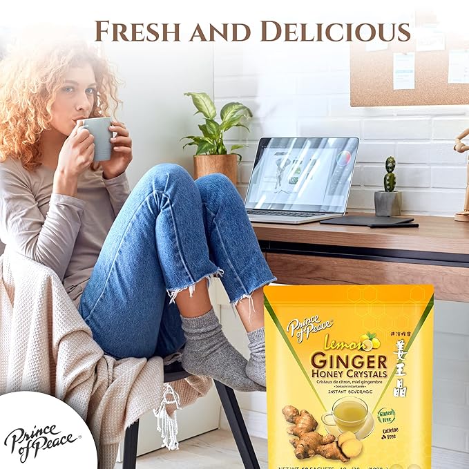 Prince of Peace Instant Ginger Honey Crystals with Lemon 60 Sachets – Instant Hot or Cold Beverage – Easy to Brew – Drink Like a Tea – Caffeine and Gluten Free – Real Ginger