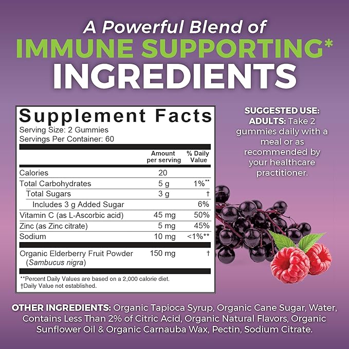 Viva Naturals Organic Sambucus Elderberry Gummies for Adults (120 Count) - 3in1 Black Elderberry Vitamin C and Zinc Immune Support Gummies Chewable Elderberry Supplements Zinc Immunity Gummies