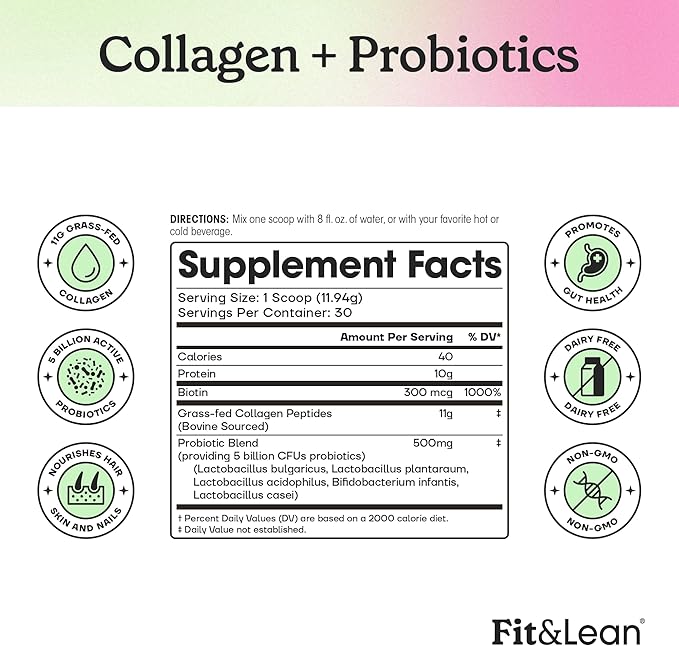 Fit &amp Lean Collagen + Probiotics- Grass-fed Collagen Peptide Powder Unflavored 12.64oz